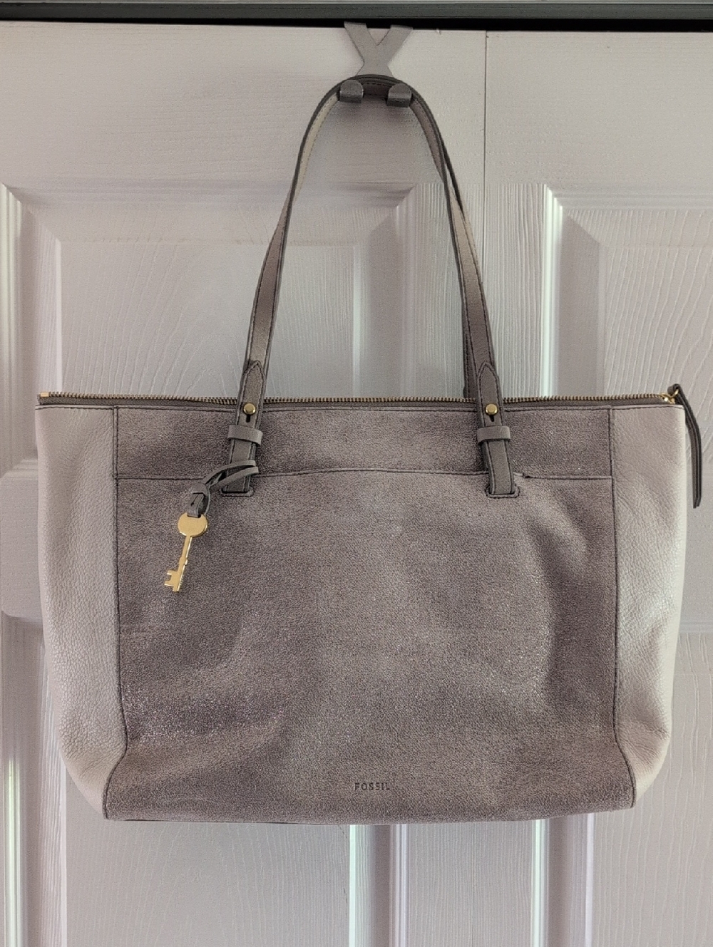 Fossil Taupe Gray Suede & Leather Tote